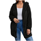 Damen nan kuschelige Teddy-Fleece Kapuzenjacke mit großen Eingrifftaschen und entspannter Silhouette Drune – Schwarz