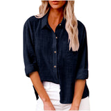 Damen nan oversized Leinen-Baumwollmix Hemdbluse mit Brusttasche und krempelbaren Ärmeln Drune – Dunkelblau
