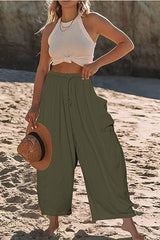 Damen nan weite Palazzohose aus leichtem Leinenmix mit Tunnelzug und seitlicher Tasche Drune – Militärgrün