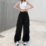 Damen nan weite Cargo-Hose mit Tunnelzugbund, verstellbarem Saum und Mehrfachtaschen Drune – Schwarz