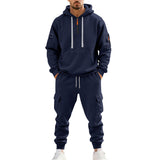 Herren nan technischer Cargo-Jogginganzug mit Halbzip, Kapuze und Mehrfachtaschen Drune – Navyblau