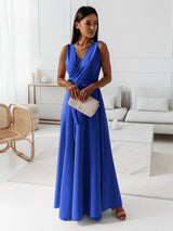 Desaria - Damen Abendkleid V-Ausschnitt Maxi Kleid Dunkelgrün für Hochzeitsgast – Blau