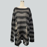 Damen nan Oversized Grobstrickpullover mit breiten Blockstreifen und aufgerissenem Design Drune – Langer Schnitt Schwarzgrau