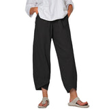 Damen nan lockere Leinenhose mit hohem Bund, Tulpen-Saum und seitlichen Eingrifftaschen Drune – Schwarz