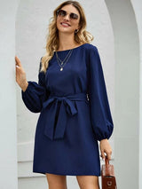Damen nan elegantes Etuikleid mit Ballonärmeln und Taillengürtel Drune – Dunkelblau
