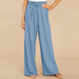 Damen nan Leinenhose mit Paperbag-Bund und weitem Bein Drune – Hellblau