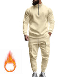Herren nan Strick-Trainingsset mit halbem Reißverschluss, Zopfmuster-Pulli und Kordelzug-Jogger Drune – Apricot