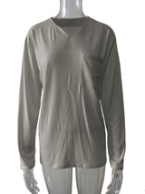 Damen nan legeres Langarmshirt mit V-Notch-Ausschnitt, Brusttasche und lockerer Oversize-Passform Drune – Mit Taschen – Hellgrau Langarm