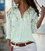 Damen nan leichte Chiffonbluse mit floralem Vogelprint, Knopfleiste und lässigem Schnitt Drune – Grün