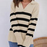 Gestreifter Strickpullover mit Kragen für Damen | Perfekt für alle Jahreszeiten – Aprikose