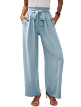 Damen nan Paperbag-Hose mit weitem Bein, hohem elastischem Bund und Bindegürtel Drune – Hellblau