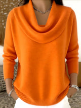 Damen nan fein gestrickter Pullover mit Wasserfallkragen und geripptem Saum Drune – Orange