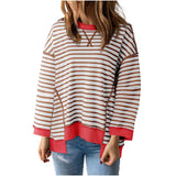 Damen nan oversized gestreifter Sweatshirtpullover mit kontrastsaum, überschnittener Schulter und seitlichen Schlitzen Drune – Weinrot gestreift