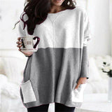 Damen nan oversized Longshirt mit Kontrastblock und aufgesetzten Taschen Drune – Weiß + Grau