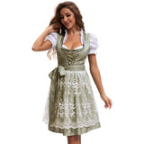 Damen nan traditionelles kurzes Dirndl mit Spitzenapron, Herzausschnitt, Puffärmeln und Schnürung Drune – 753870 Olivgrün (Oberteil+Rock+Schürze+Schleife)
