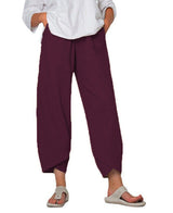 Damen nan lockere Leinenhose mit hohem Bund, Tulpen-Saum und seitlichen Eingrifftaschen Drune – Violett