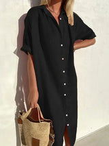 Janie - Elegantes Kleid Mit Knopfverschluss Und Leinen – Schwarz