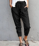Damen nan lässige tapered Leinenhose mit elastischem Bund und Bündchen Drune – Schwarz