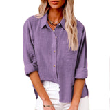 Damen nan oversized Leinen-Baumwollmix Hemdbluse mit Brusttasche und krempelbaren Ärmeln Drune – Violett