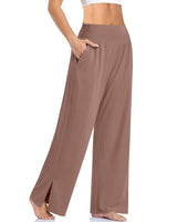 Damen nan weite Yogahose mit hohem Komfortbund, seitlichen Eingrifftaschen und seitlichem Bein-Schlitz Drune – Hellkaffee