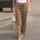 Damen nan lässige Leinenmix Weitebein Hose mit Kordelzug Drune – Khaki