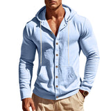 Herren nan figurbetonte Kapuzenhemd-Jacke aus Baumwollmix mit Druckknopfleiste und Kängurutasche Drune – Hellblau