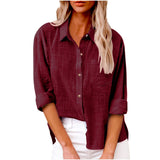 Damen nan oversized Leinen-Baumwollmix Hemdbluse mit Brusttasche und krempelbaren Ärmeln Drune – Weinrot