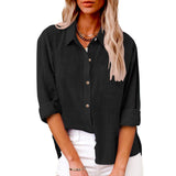 Damen nan oversized Leinen-Baumwollmix Hemdbluse mit Brusttasche und krempelbaren Ärmeln Drune – Schwarz