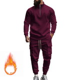 Herren nan Strick-Trainingsset mit halbem Reißverschluss, Zopfmuster-Pulli und Kordelzug-Jogger Drune – Weinrot