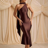 Kishanta - Asymmetrisches Midikleid aus Satin – Braun