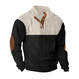 Herren nan gerippter Pullover mit Stehkragen, Knopfleiste und Ellbogen-Patches Drune – Apricot + Schwarz