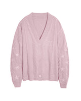 Damen nan großzügiger Grobstrick-Cardigan mit Zopfmuster, V-Ausschnitt und Sternstickereien Drune – Rosa