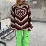 Damen nan oversized Strickpullover mit Herz-Intarsie und Chevron-Muster Drune – Kaffee