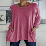 Damen nan oversized Longsleeve-Tunika mit Rundhalsausschnitt, überschnittener Schulter und aufgesetzten Taschen Drune – Lederrot
