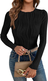 Damen nan figurbetontes Rippstrick-Longsleeve mit Wellendetail und Rundhalsausschnitt Drune – Schwarz
