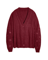 Damen nan großzügiger Grobstrick-Cardigan mit Zopfmuster, V-Ausschnitt und Sternstickereien Drune – Weinrot