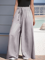 Damen nan weite Palazzo-Hose mit hohem Paperbag-Bund, elastischem Tunnelzug und vorderer Beinschlitz Drune – Grau
