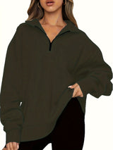 Damen nan Oversized Sweatshirt mit Kurzreißverschluss, Stehkragen und Kängurutasche Drune – Olivgrün