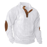 Herren nan grober Rippstrick-Pullover mit Stehkragen, Knopfleiste und markanten Ellenbogenpatches Drune – Weiß