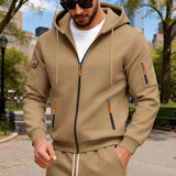 Herren nan Kapuzen-Sweatjacke mit durchgehendem Reißverschluss, mehreren Reißverschlusstaschen und Ärmel-Pocket Drune – Kamel