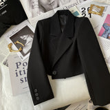 Damen nan kurzer taillierter Blazer mit markantem Revers und Ein-Knopf-Verschluss Drune – Schwarz2329