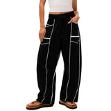 Damen nan weite Lounge-Hose mit Kordelzug, Kontrastpaspelierung und Cargo-Taschen Drune – Schwarz