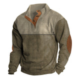 Herren nan strukturiertes Rugby-Pullover mit Stehkragen, Knopfleiste und Leder-Ellenbogenpatches Drune – Khaki+Khaki