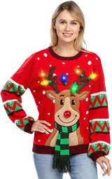 Damen nan weihnachtlicher Strickpullover mit Rentierapplikation integrierter Lichterkette und dreidimensionalem Nasenpompom Drune – Rot