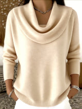 Damen nan fein gestrickter Pullover mit Wasserfallkragen und geripptem Saum Drune – Apricot