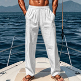 Herren nan maritime Freizeit-Leinenhose mit weitem Bein elastischem Tunnelzug und Bundfalten Drune – Weiß