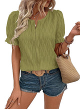 Jacquard-Top mit Puffärmeln für Damen – Trendy, locker und bequem – Olivgrün