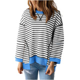 Damen nan oversized gestreifter Sweatshirtpullover mit kontrastsaum, überschnittener Schulter und seitlichen Schlitzen Drune – Schwarz-Weiß gestreift
