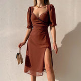 Damen elegantes Maxikleid mit trendigen Puffärmeln und hohem Schlitz WOLFF – Dunkelbraun