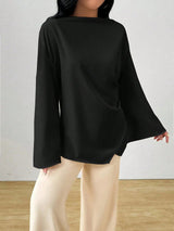 Damen nan oversized Satin-Tunika mit U-Boot-Ausschnitt und weiten Trompetenärmeln Drune – Schwarz